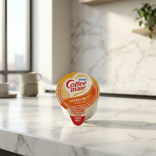 Coffee mate Hazelnut liquid creamer cup on a white marble counter in a bright modern breakroom with stacked mugs in the background