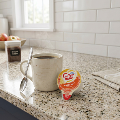 Coffee mate Hazelnut liquid creamer cup beside a steaming mug of fresh coffee and a spoon on a kitchen counter
