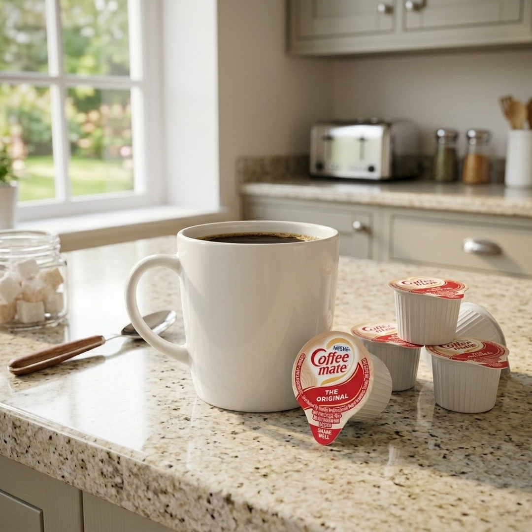 Coffee mate The Original liquid creamer cups beside a mug of black coffee, CAF-107