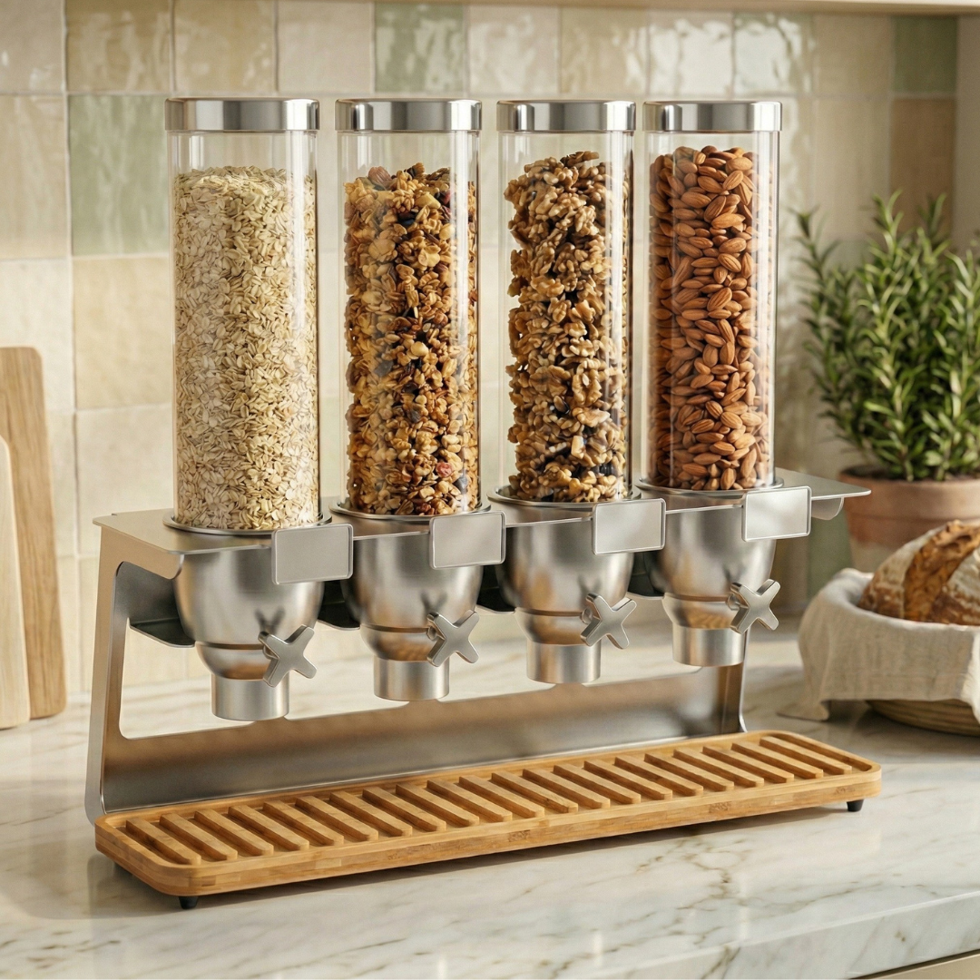  EZ-SERV X4 four-canister tabletop dry food dispenser with stainless steel frame and bamboo drip tray, filled with oats, granola, mixed nuts, and almonds on a marble countertop