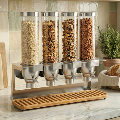  EZ-SERV X4 four-canister tabletop dry food dispenser with stainless steel frame and bamboo drip tray, filled with oats, granola, mixed nuts, and almonds on a marble countertop