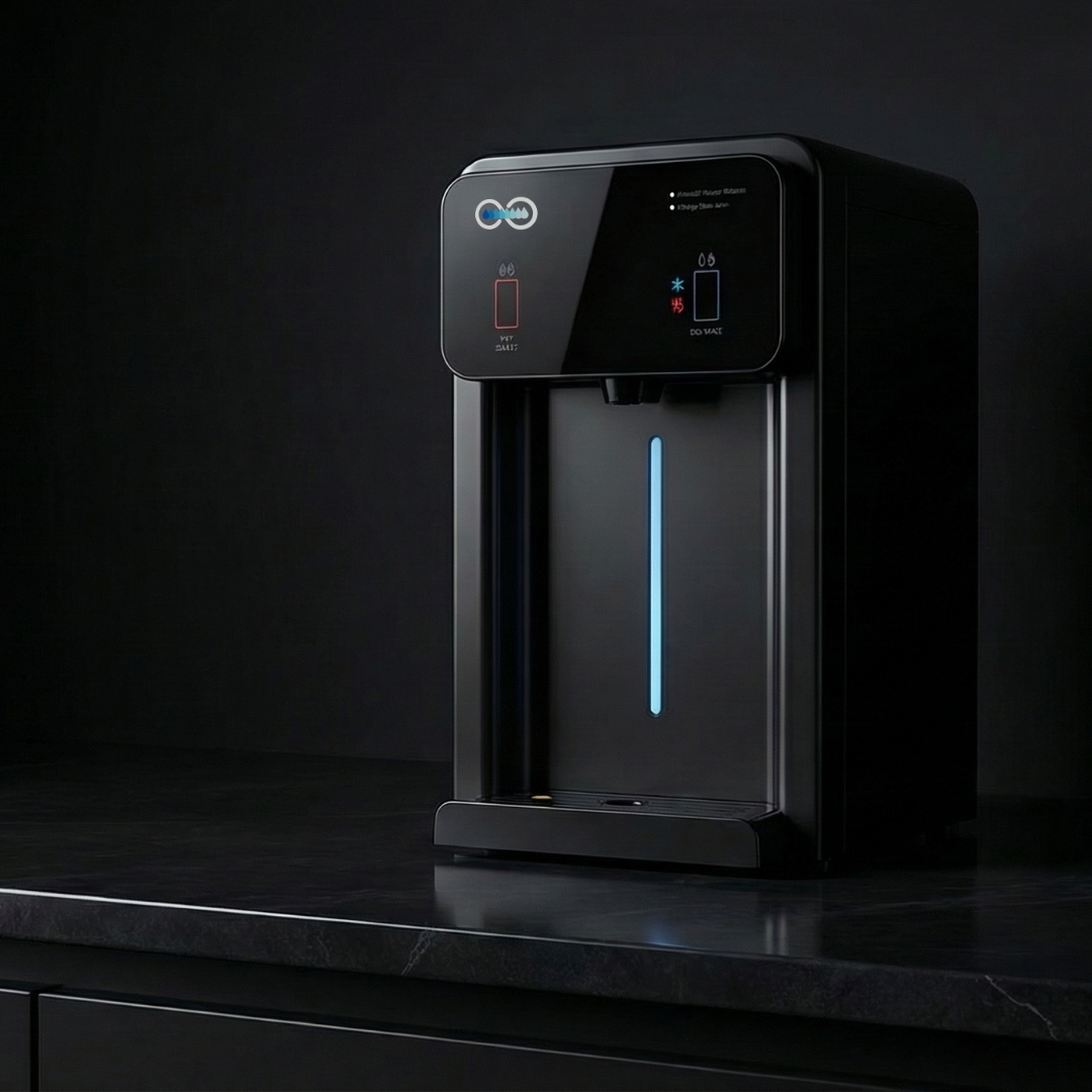 Angled view of the black HYDR8 4i-CT countertop water dispenser on a dark counter