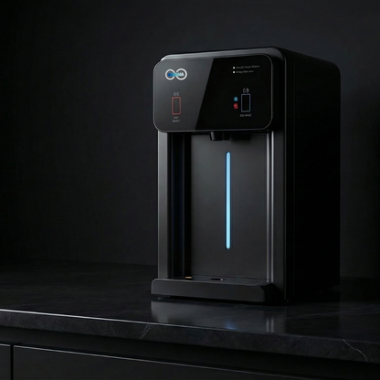 Angled view of the black HYDR8 4i-CT countertop water dispenser on a dark counter