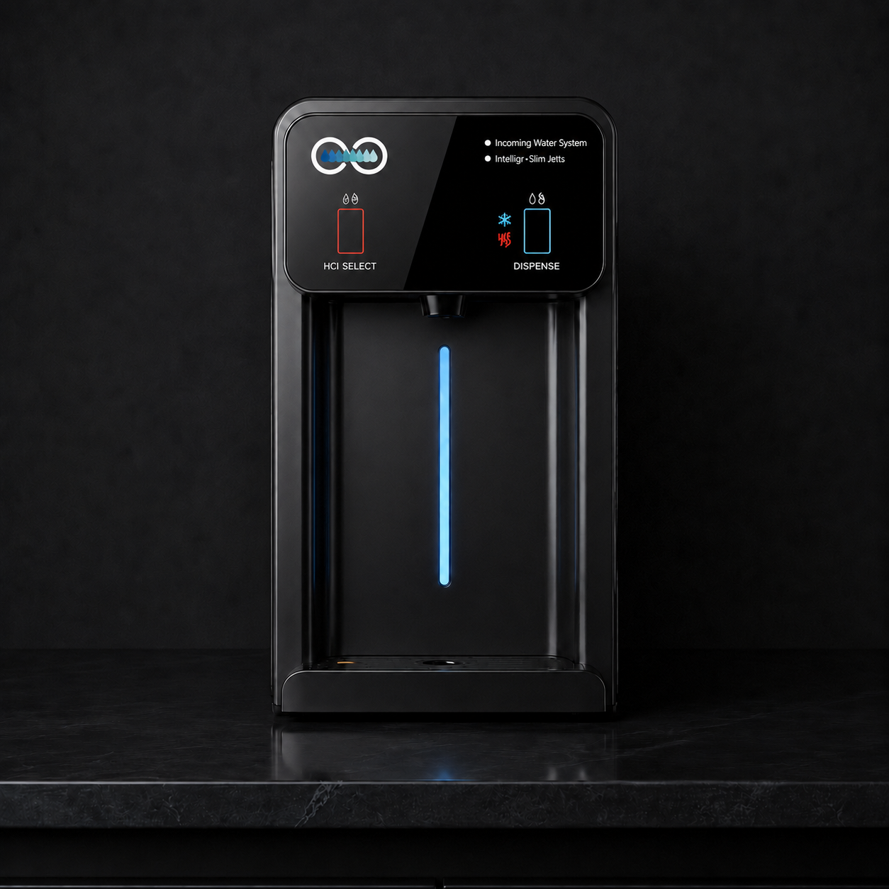 Black HYDR8 4i-CT countertop water dispenser with touch panel on a dark stone counter