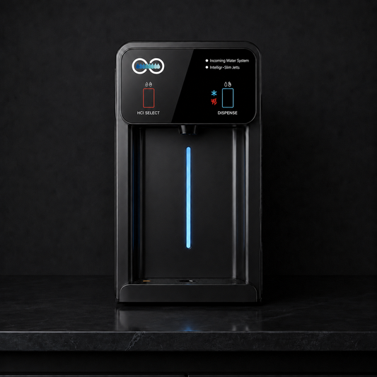 Black HYDR8 4i-CT countertop water dispenser with touch panel on a dark stone counter