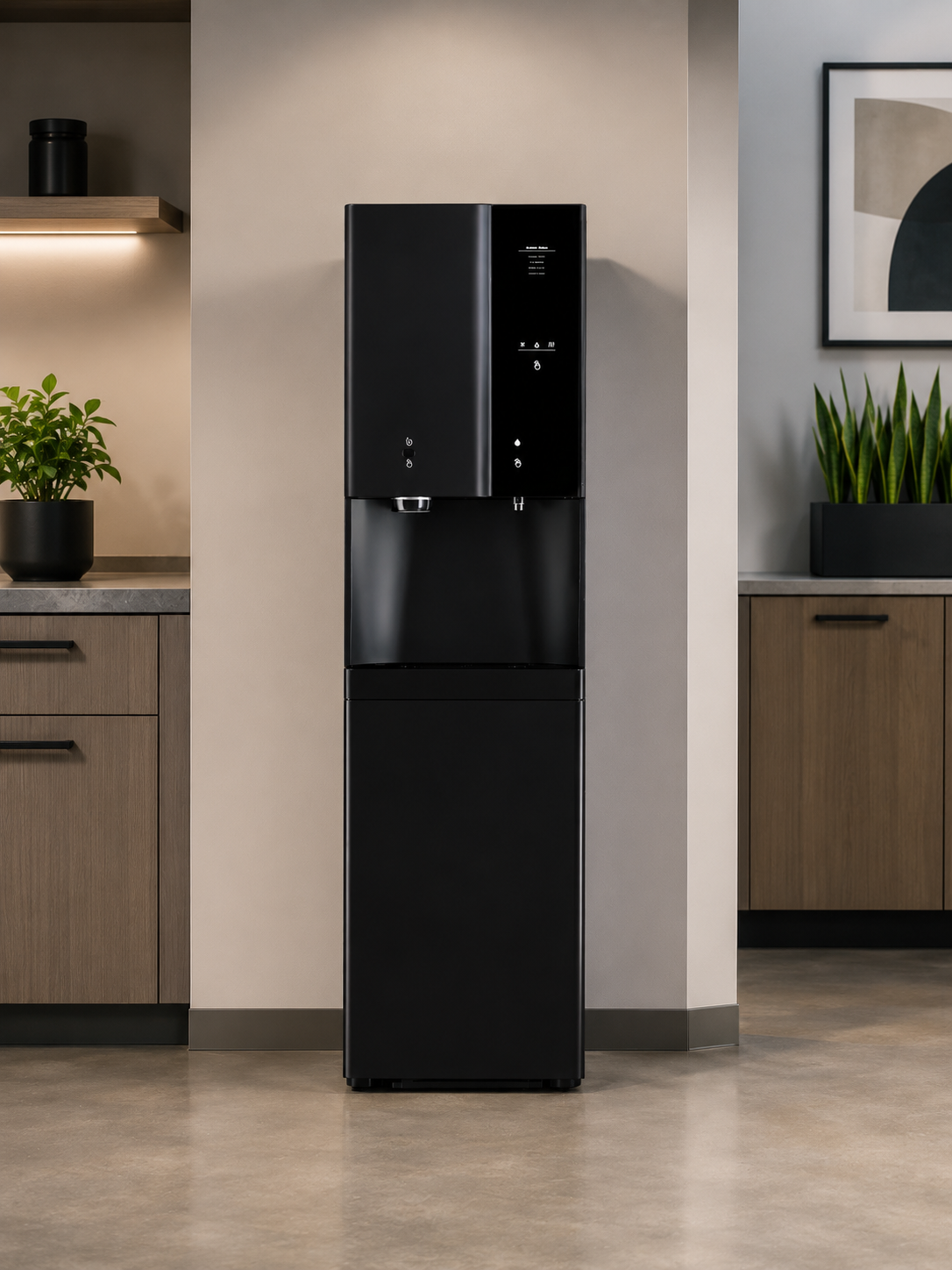 HYDR8 ICHILL black freestanding water dispenser, front view in a modern office break room