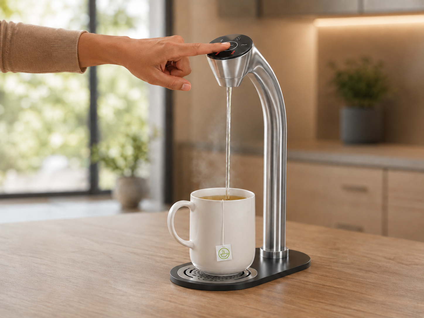  Hand touching the control on a HYDR8 countertop water tap as hot water pours into a white mug with a tea bag