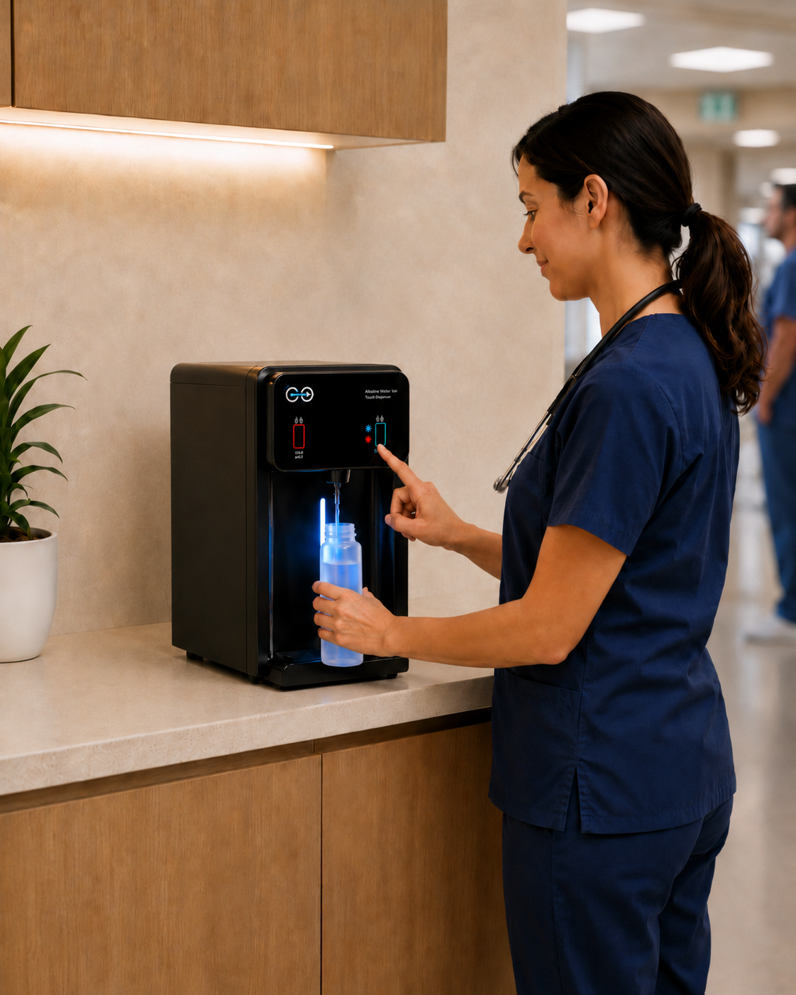 Healthcare worker in navy scrubs filling a reusable bottle with filtered water from a black HYDR8 countertop dispenser in a hospital break room
