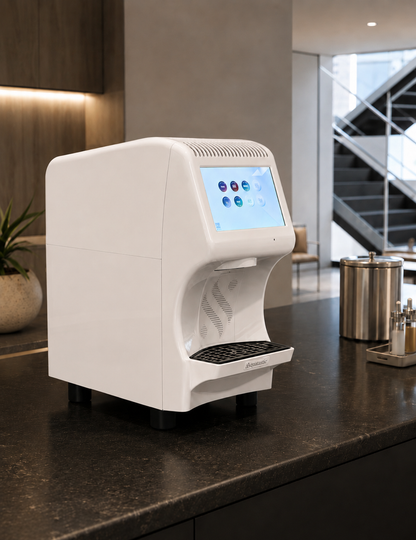HYDR8 countertop water dispenser with a menu touchscreen on a dark stone counter in a hospitality lobby setting