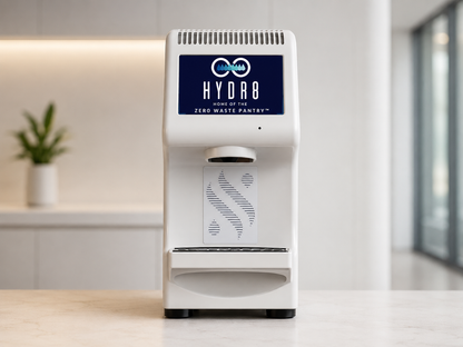 HYDR8 countertop water dispenser with navy touchscreen on a marble counter in a bright modern office break room