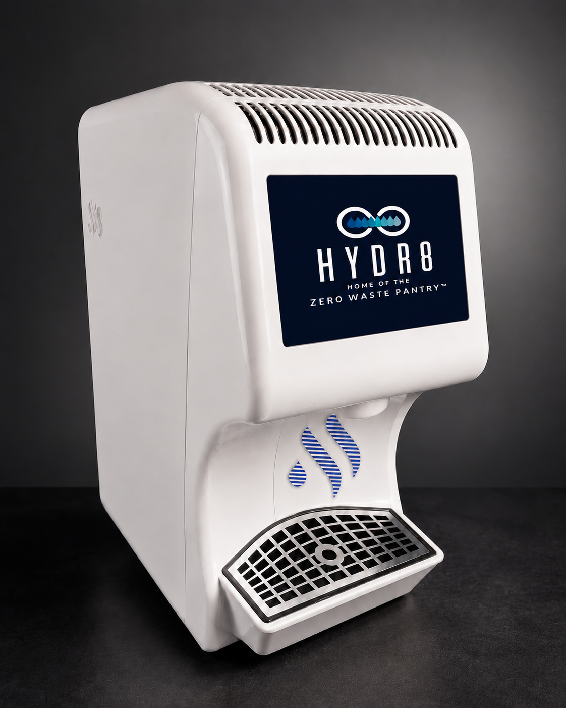 HYDR8 countertop water dispenser shown at a three-quarter angle on a dark studio background, HYDR8 infinity mark on the screen