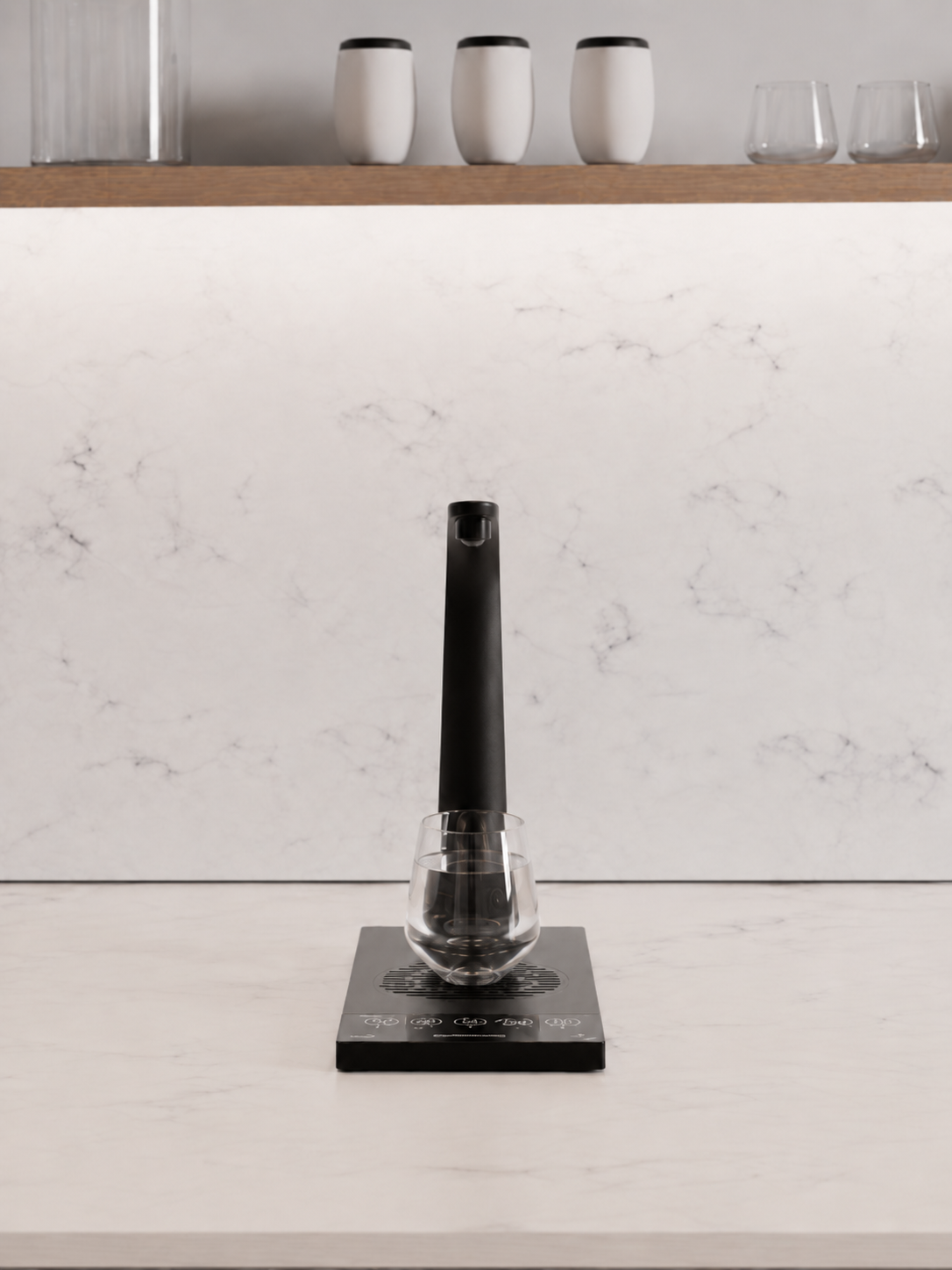HYDR8 countertop water dispenser with touch controls filling a glass with filtered still water