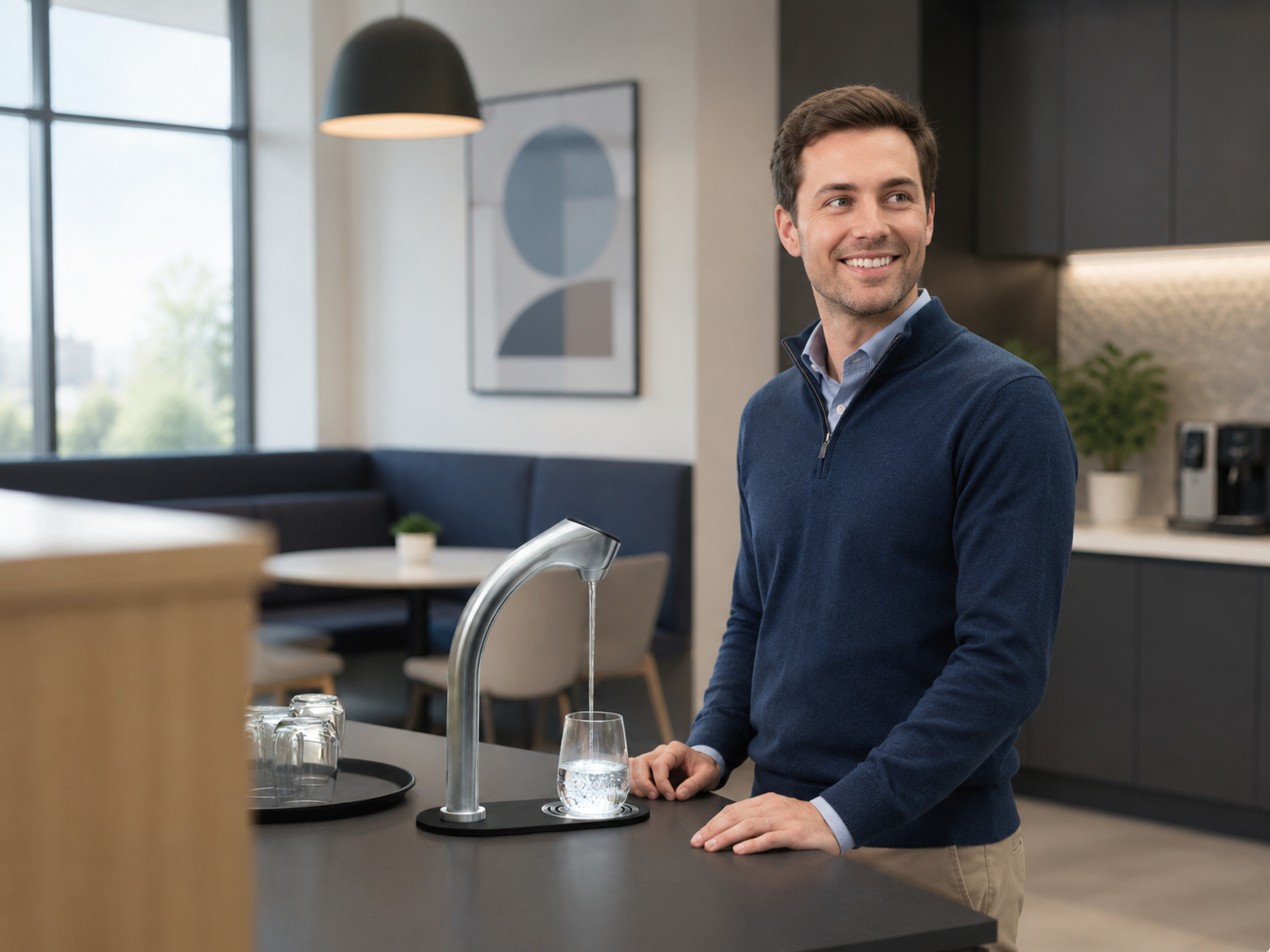 Smiling office worker filling a glass with filtered still water from a HYDR8 countertop water tap in a modern break room