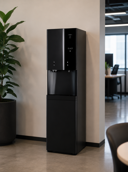 HYDR8 ICHILL freestanding hot and cold water dispenser, angled view in an office