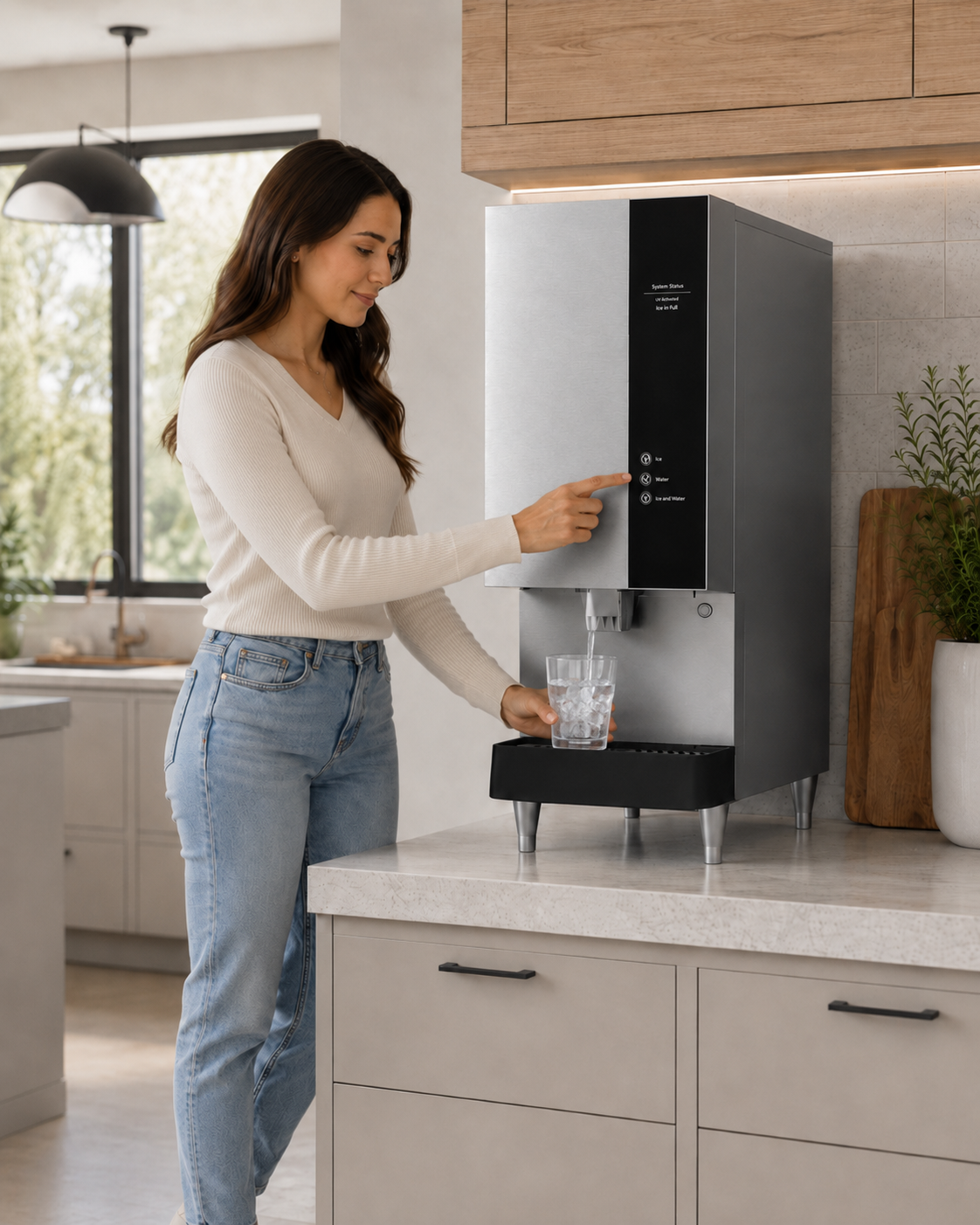 Woman filling a glass with filtered water and nugget ice from a HYDR8 ICEM8 dispenser