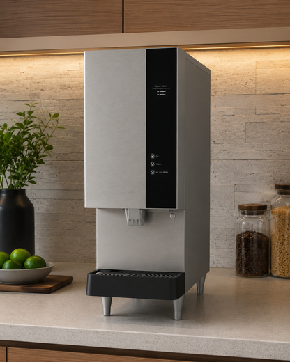 HYDR8 ICEM8 ice and water dispenser, angled view, on a workplace break room counter