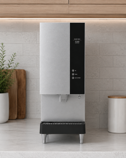 HYDR8 ICEM8 countertop ice and water dispenser with UV, front view on a modern kitchen counter