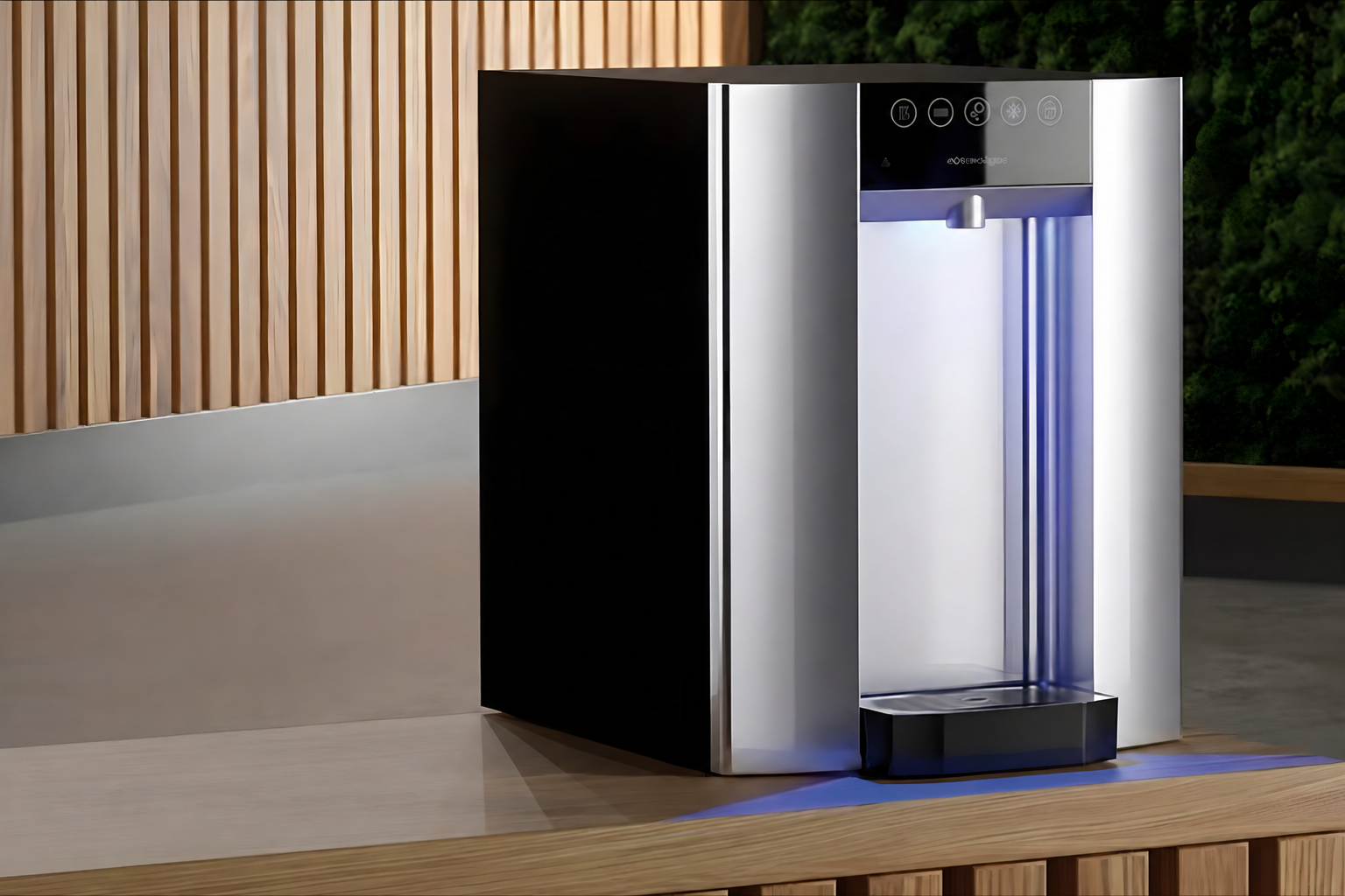 HYDR8 premium countertop water dispenser with a blue-lit dispense area on a wood counter