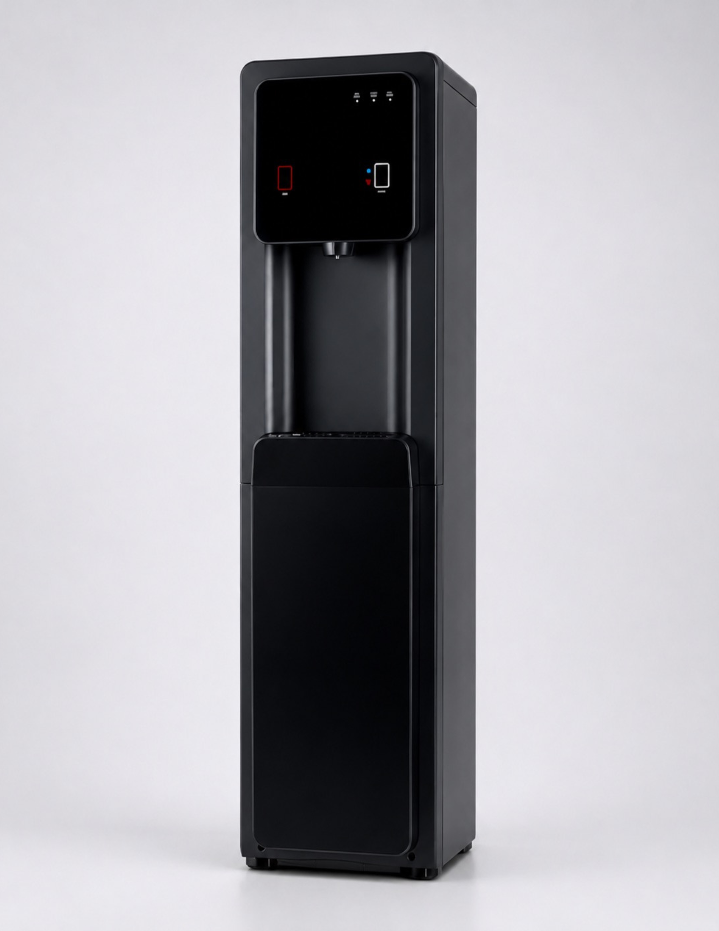 HYDR8 R8 bottleless water dispenser at an angle, showing the slim black cabinet and full-height profile