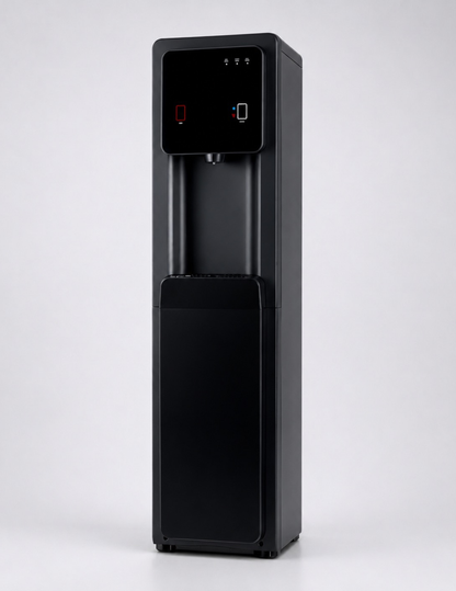 HYDR8 R8 bottleless water dispenser at an angle, showing the slim black cabinet and full-height profile