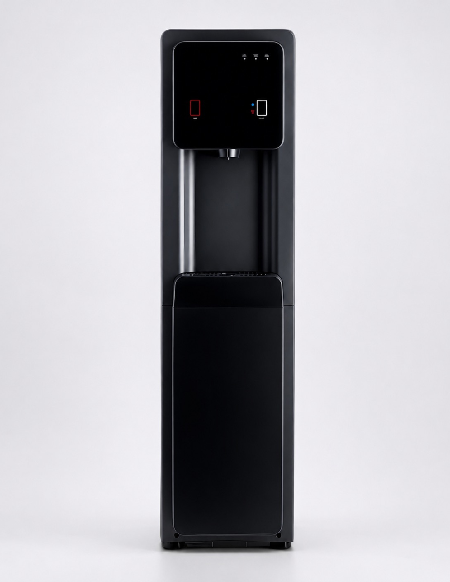 HYDR8 R8 freestanding bottleless water dispenser in black, front view, showing the dual-tap dispense panel