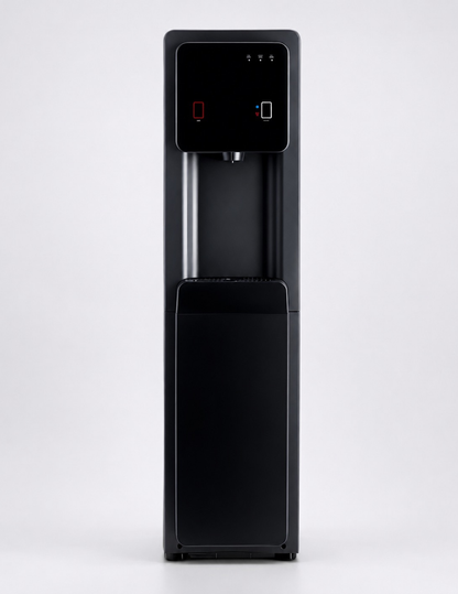 HYDR8 R8 freestanding bottleless water dispenser in black, front view, showing the dual-tap dispense panel