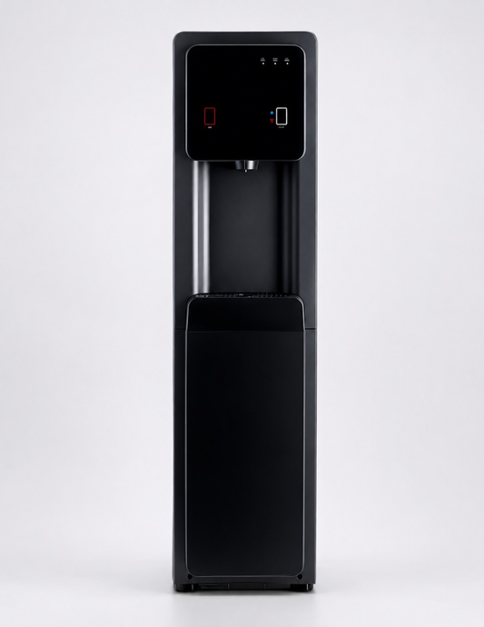 HYDR8 R8 freestanding bottleless water dispenser in black, front view, showing the dual-tap dispense panel