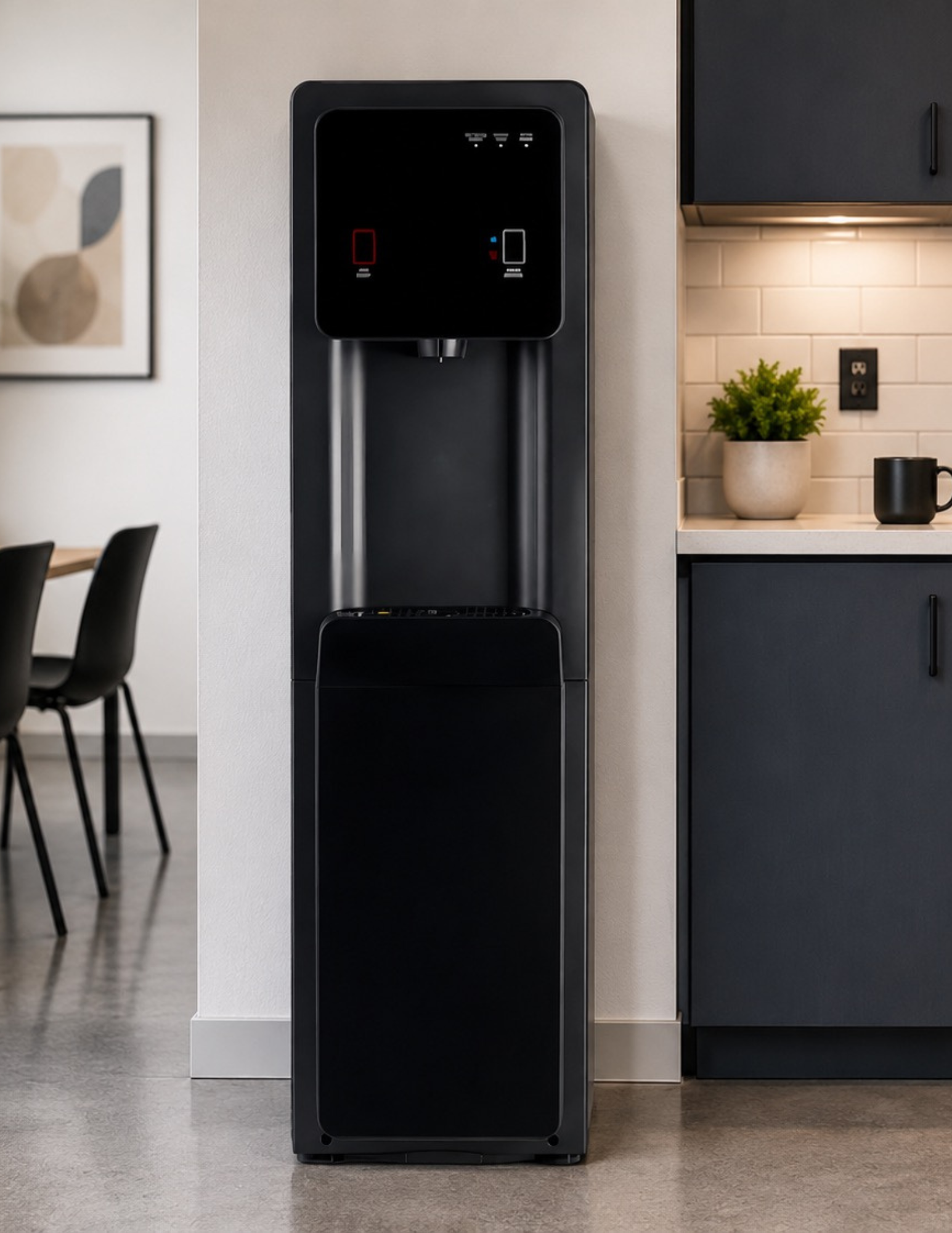 HYDR8 R8 filtered water dispenser installed in an office kitchen beside dark cabinetry and a seating area.