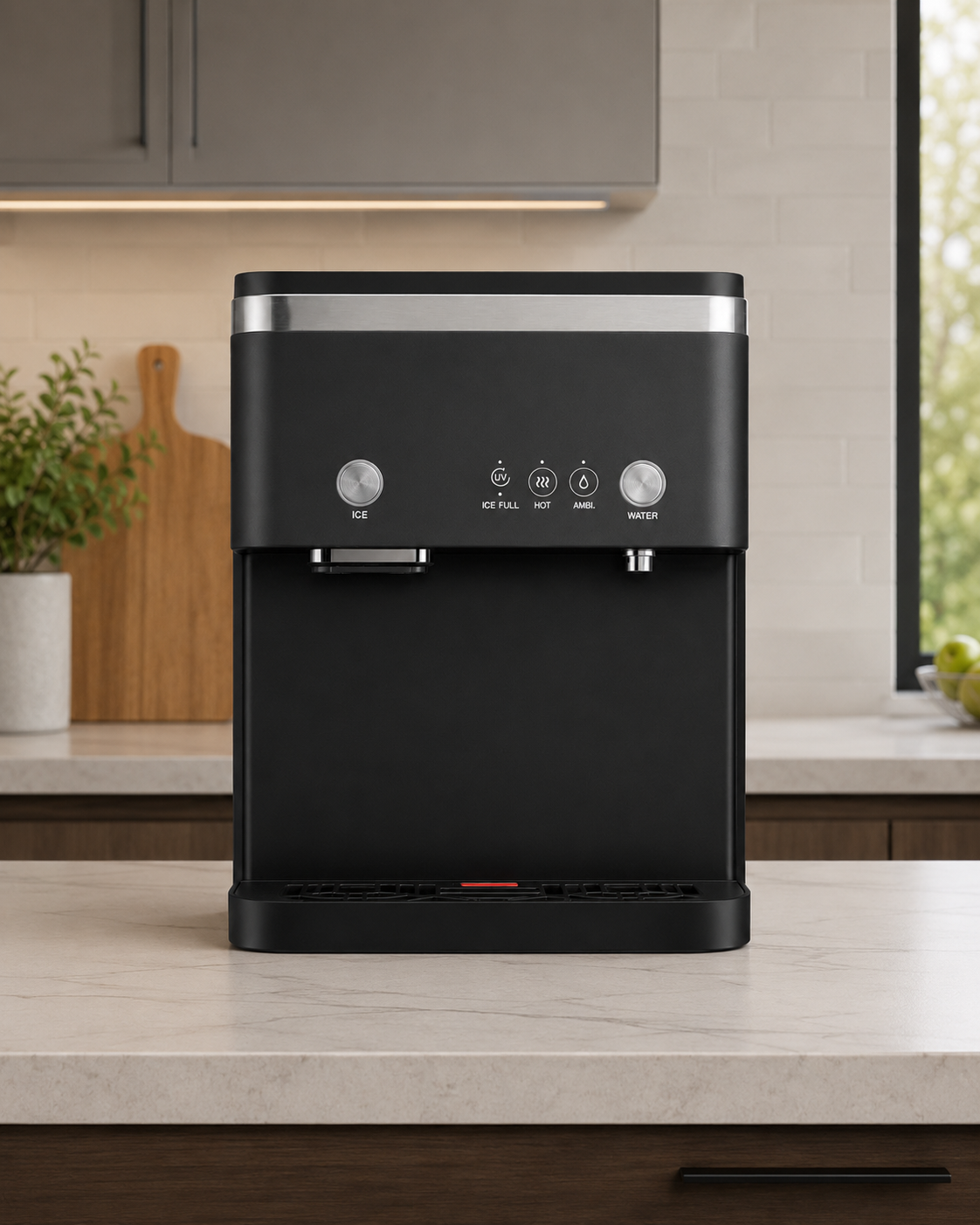 ICEM8 black countertop water dispenser with ICE, ICE FULL, HOT, AMBI, and WATER controls on a light kitchen counter