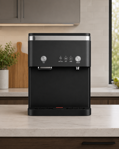 ICEM8 black countertop water dispenser with ICE, ICE FULL, HOT, AMBI, and WATER controls on a light kitchen counter