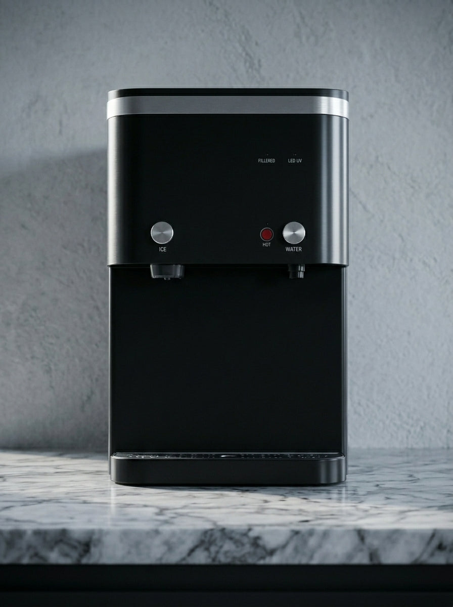 ICEM8 black countertop water dispenser with ice, hot, and water controls on a marble counter against a gray wall