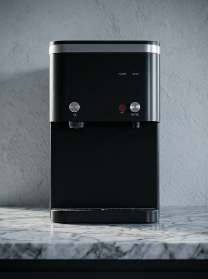 ICEM8 black countertop water dispenser with ice, hot, and water controls on a marble counter against a gray wall