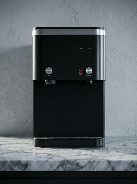 ICEM8 black countertop water dispenser with ice, hot, and water controls on a marble counter against a gray wall