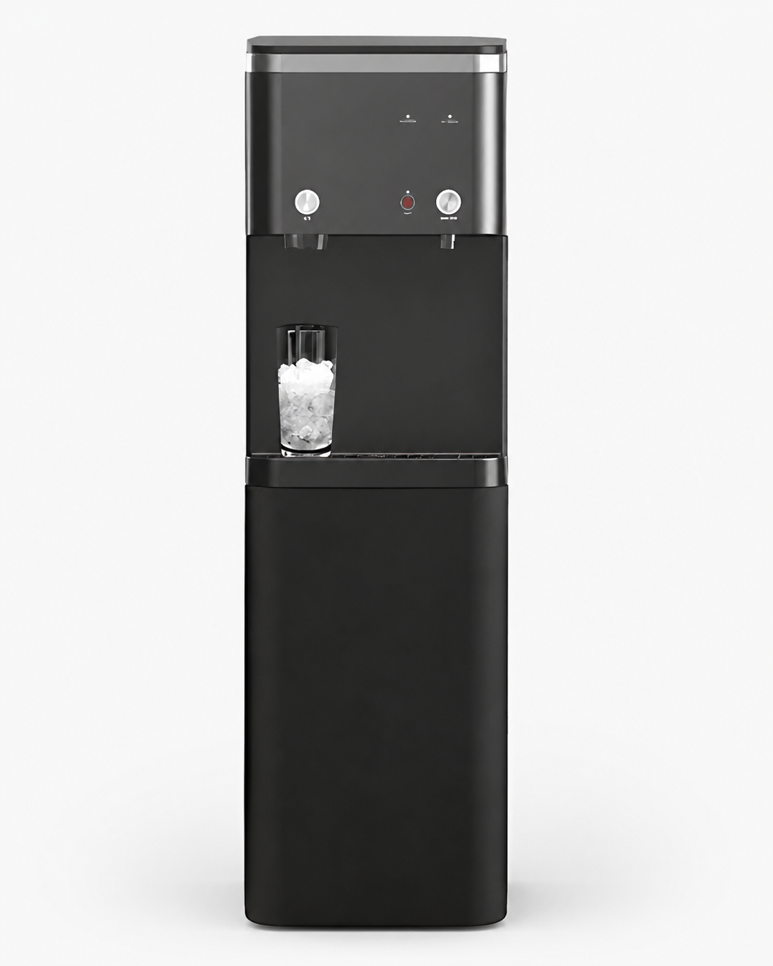 ICEM8 freestanding black water dispenser filling a glass with ice, front controls visible, on a plain background