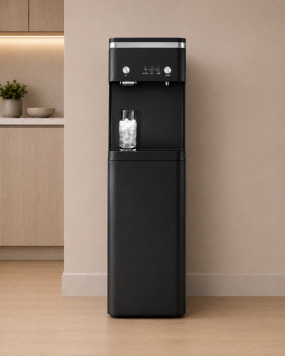 ICEM8 freestanding black water dispenser with ICE, HOT, and WATER controls filling a glass of ice in a warm modern kitchen