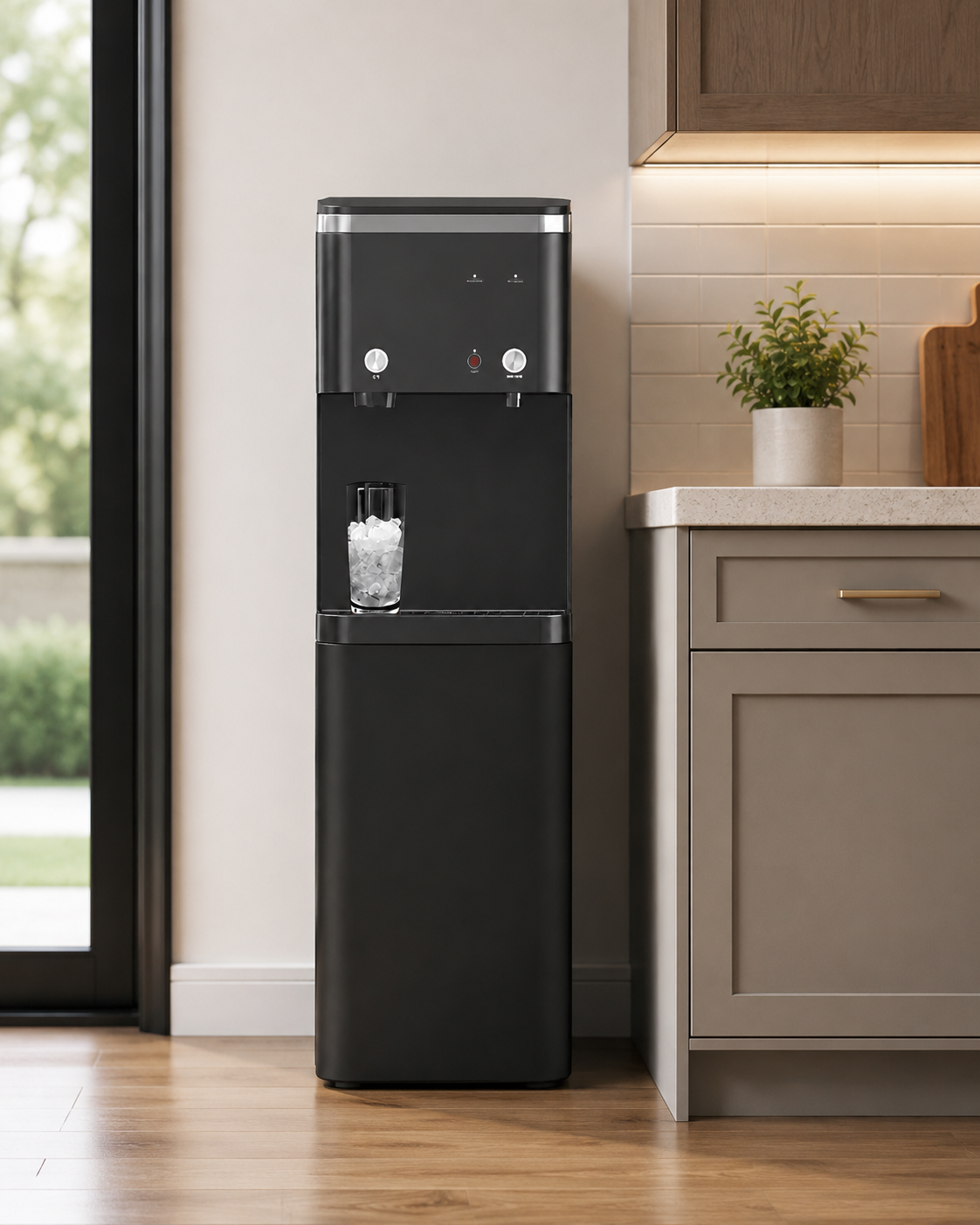 ICEM8 freestanding black water dispenser filling a glass with ice in a modern kitchen beside light cabinetry