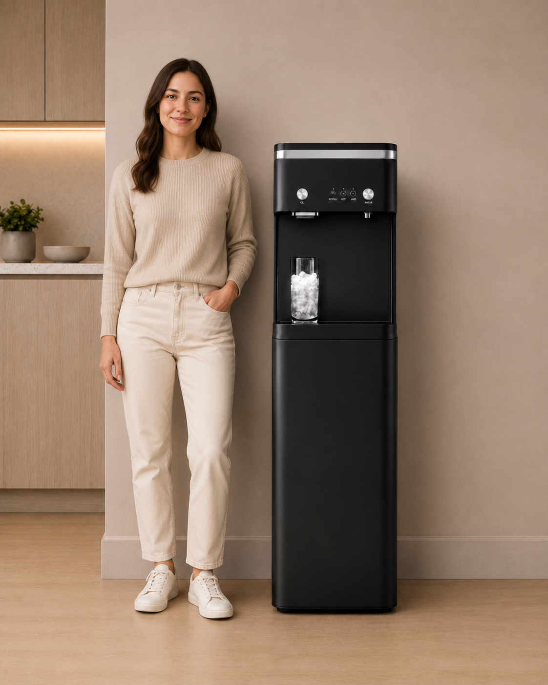 Woman standing beside a freestanding black ICEM8 water dispenser with a glass of ice in a warm modern kitchen