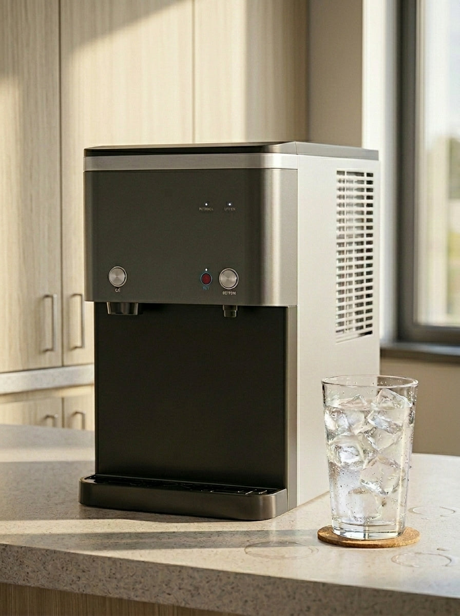 ICEM8 stainless and black countertop water dispenser on a kitchen counter beside a glass of ice water