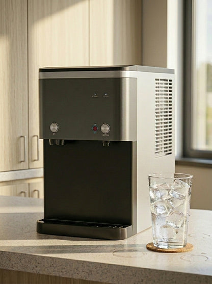 ICEM8 stainless and black countertop water dispenser on a kitchen counter beside a glass of ice water