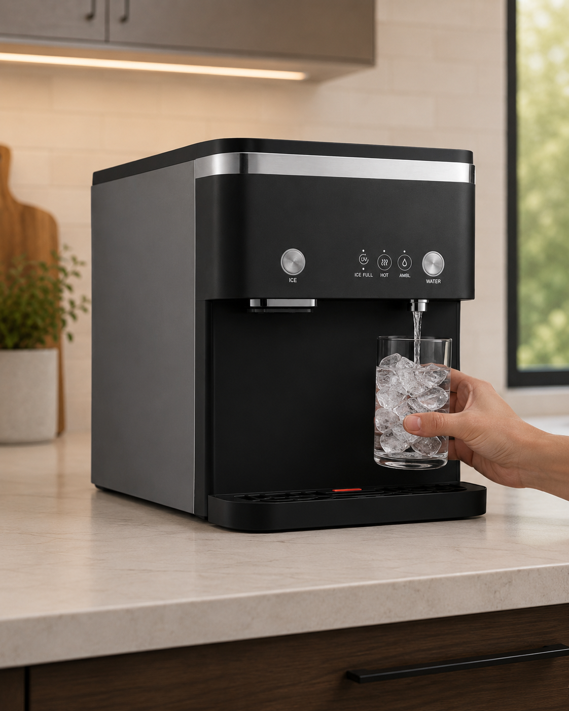 ICEM8 black countertop water dispenser filling a glass of ice with water, controls labeled, in a bright modern kitchen