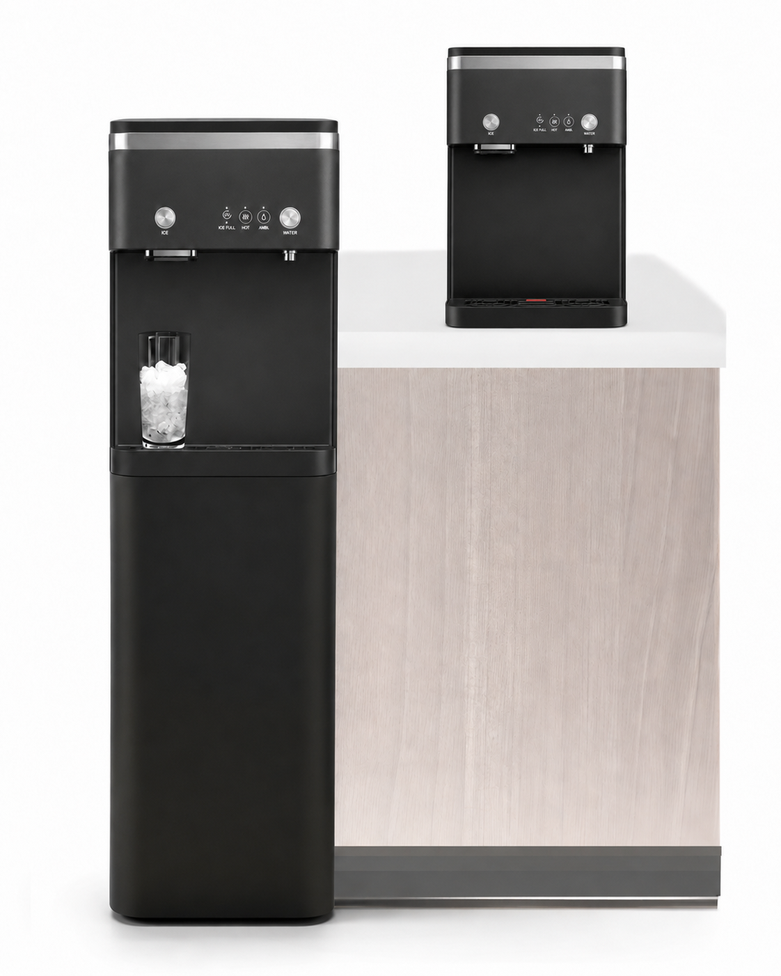 ICEM8 XL water dispenser shown as freestanding floor model and countertop model with labeled ICE, HOT, and WATER controls