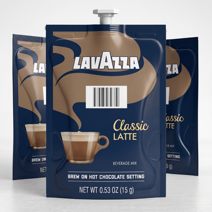 Three Lavazza Classic Latte single-serve freshpacks grouped together, office coffee latte mix