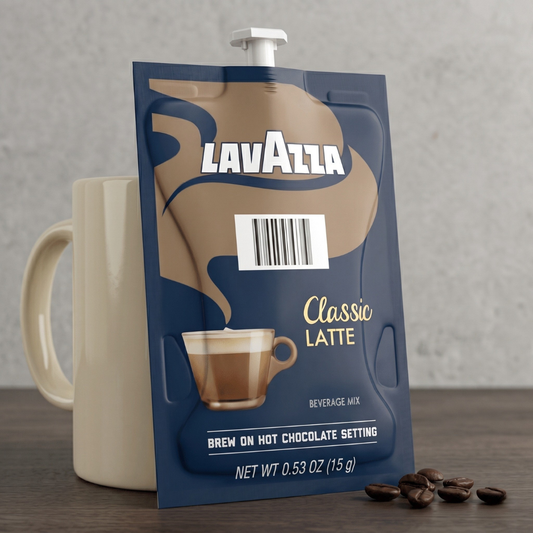 Lavazza Classic Latte freshpack beside a mug and coffee beans, single-serve latte for the break room