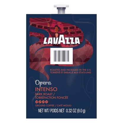 Lavazza Opera Intenso dark roast Flavia freshpack, SKU CAF-64, 0.32 oz ground coffee in navy and red opera-themed packaging, front view