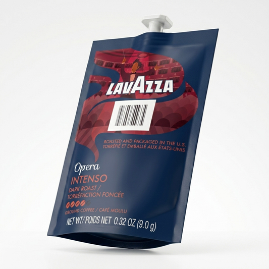 Lavazza Opera Intenso dark roast Flavia coffee freshpack, 0.32 oz, navy and red opera-themed packaging on a clean white background