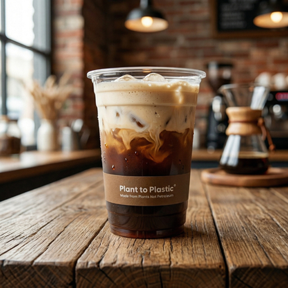 Plant to Plastic compostable cold cup filled with iced coffee and cream on a rustic wooden table, made from plants not petroleum