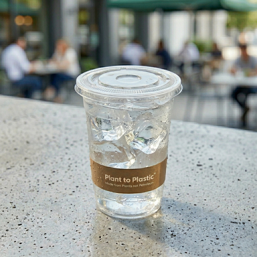 Plant to Plastic compostable clear cold cup with lid filled with ice water on a concrete surface outdoors, made from plants not petroleum