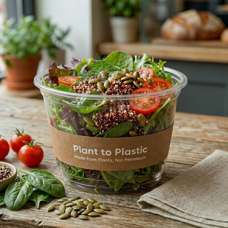 Plant to Plastic compostable salad bowl filled with mixed greens, quinoa, tomatoes, and pumpkin seeds on a rustic wooden table, made from plants not petroleum