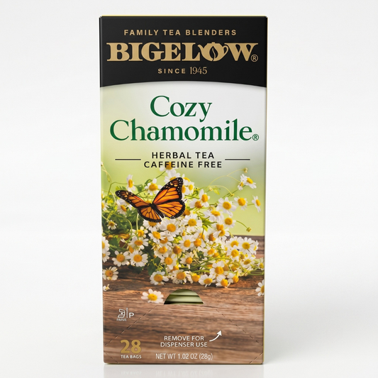 Bigelow Cozy Chamomile caffeine-free herbal tea box, 28 tea bags, front packaging on a white background