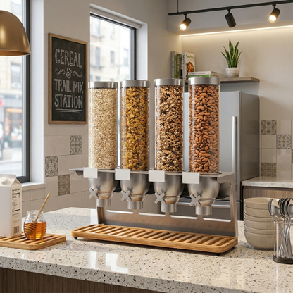 X4 tabletop dry food dispenser with bamboo tray on kitchen counter, filled with oats, granola, trail mix, and almonds next to a cereal and trail mix station sign